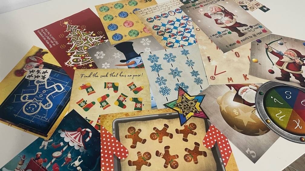 Printable Christmas escape room adventure with holiday puzzles for family game night at home.