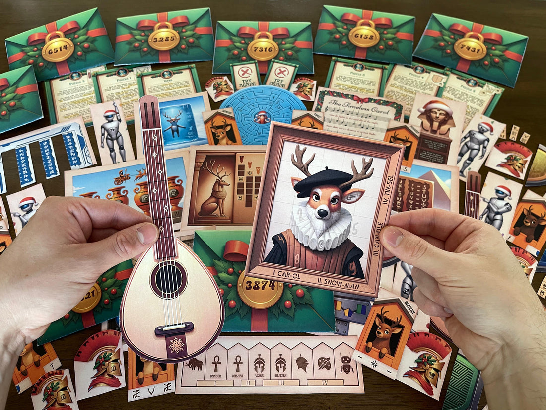 Printable Christmas Time Travel Escape Room Game flat lay showing colorful story cards, envelopes, puzzle sheets, and festive decorations. Designed for families, teachers, and kids, this DIY printable Christmas escape room brings storytelling and logic puzzles together in one ready-to-print PDF kit for a fun at-home holiday activity.