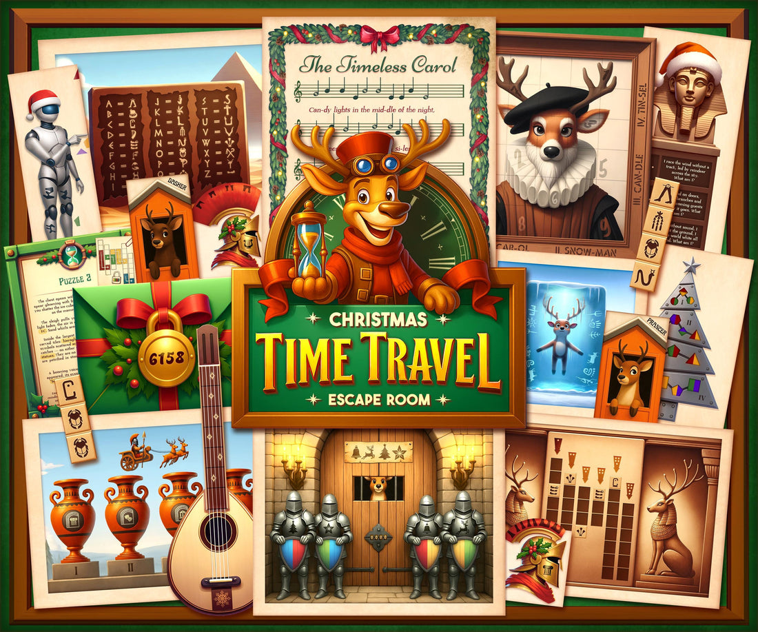 Printable Christmas Time Travel Escape Room Game flat lay showing colorful story cards, envelopes, puzzle sheets, and festive decorations. Designed for families, teachers, and kids, this DIY printable Christmas escape room brings storytelling and logic puzzles together in one ready-to-print PDF kit for a fun at-home holiday activity.
