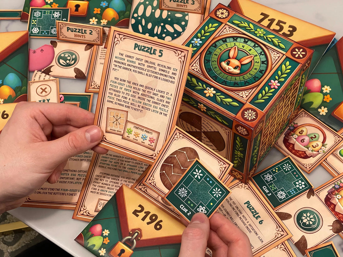 DIY Easter Box Escape Room printable game featuring Tricky McHops the Easter Trickster Bunny and magical carrot recovery mission