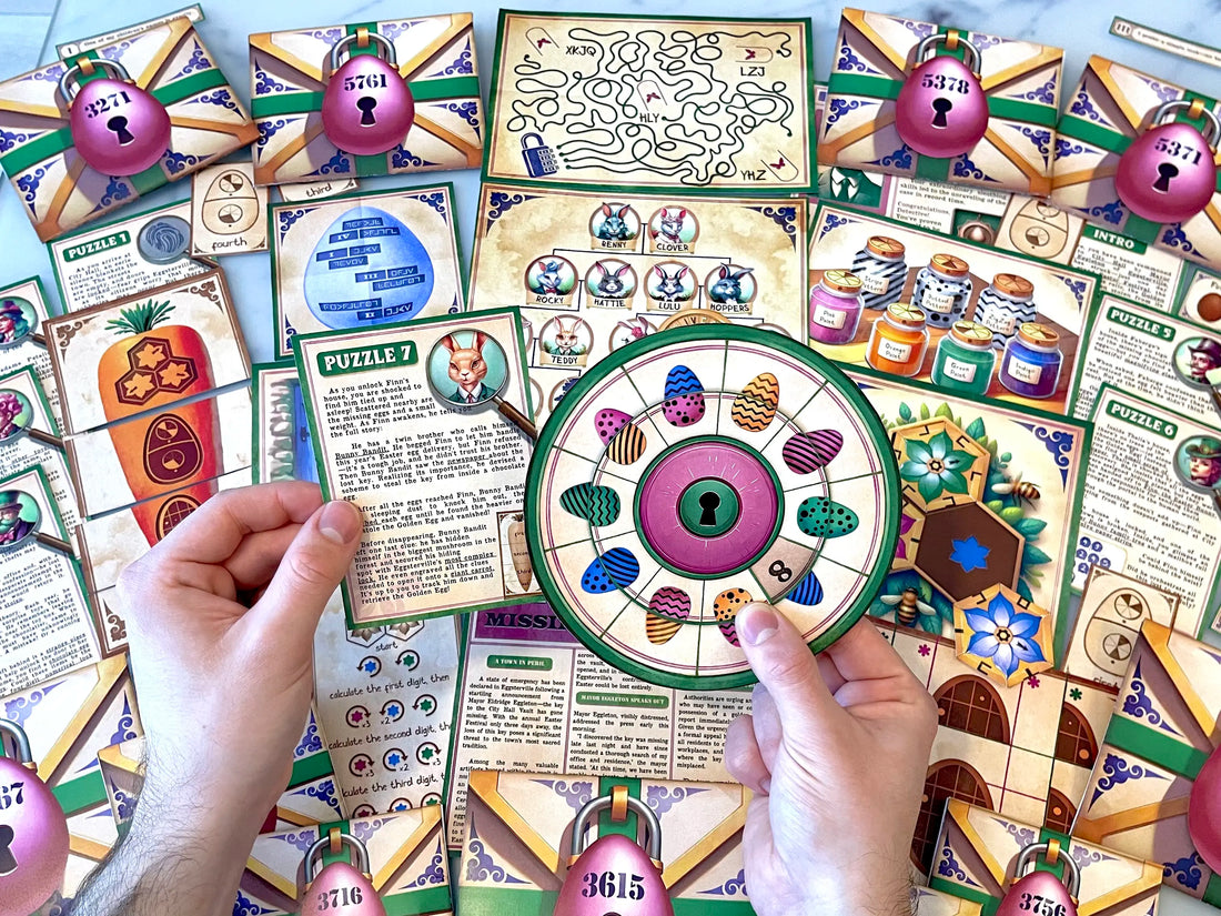 DIY Easter Heist Escape Room printable featuring egg-stealing mysteries and spring-themed puzzles for holiday fun