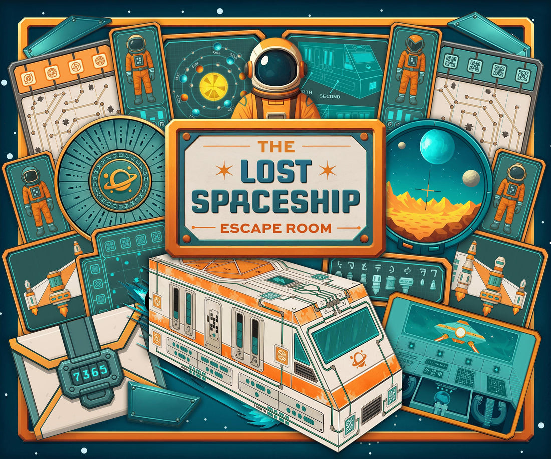 Printable 3D paper spaceship centerpiece used in The Lost Spaceship escape room game for kids and teens. A hands-on, interactive sci-fi adventure where players repair a crashed starship using clues, puzzles, and story cards. Perfect for space-themed birthday parties, classroom STEM activities, or family game night. Non-destructive and reusable escape room experience for ages 8–14.