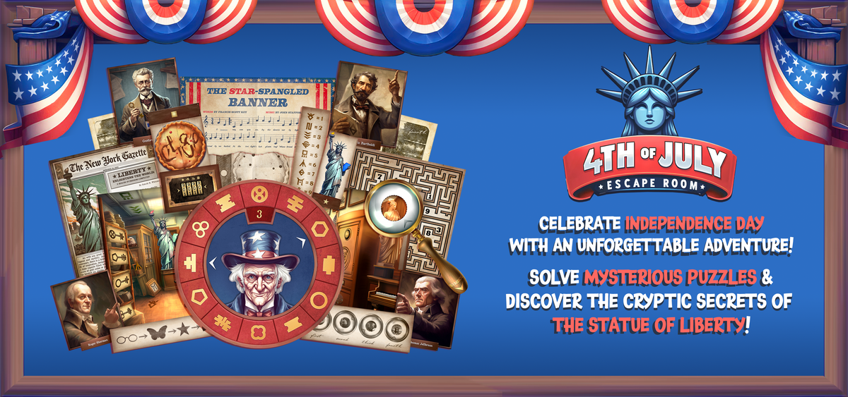 The game cover of an Independence Day Escape Room. The 4th of July DIY Escape Room Kit offers an educational and fun adventure for all ages. Perfect for an Independence Day family game, or4th of July party.