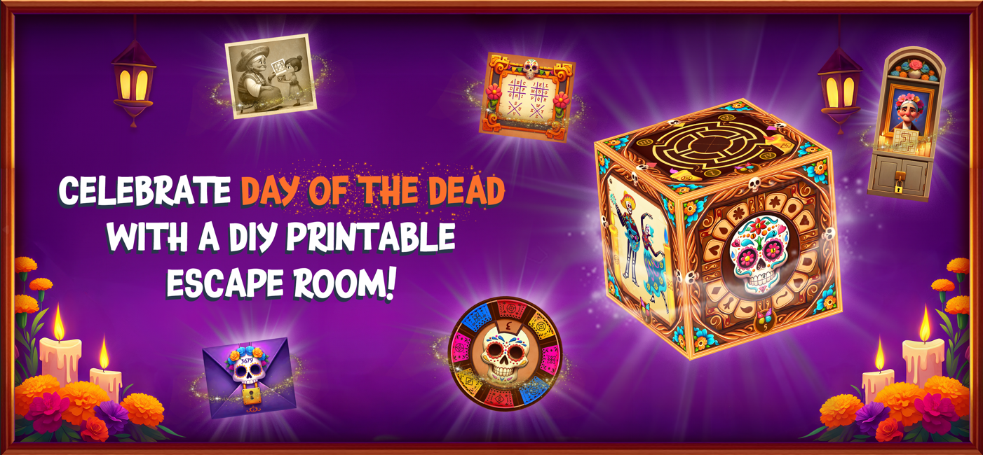 The game cover of our Dia de los Muertos DIY Escape Room Printable.