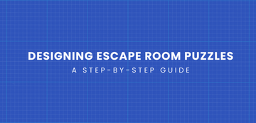 The cover image of a blog post about designing escape room puzzles. The white text is on blue background, with squares creating a blueprint grid.