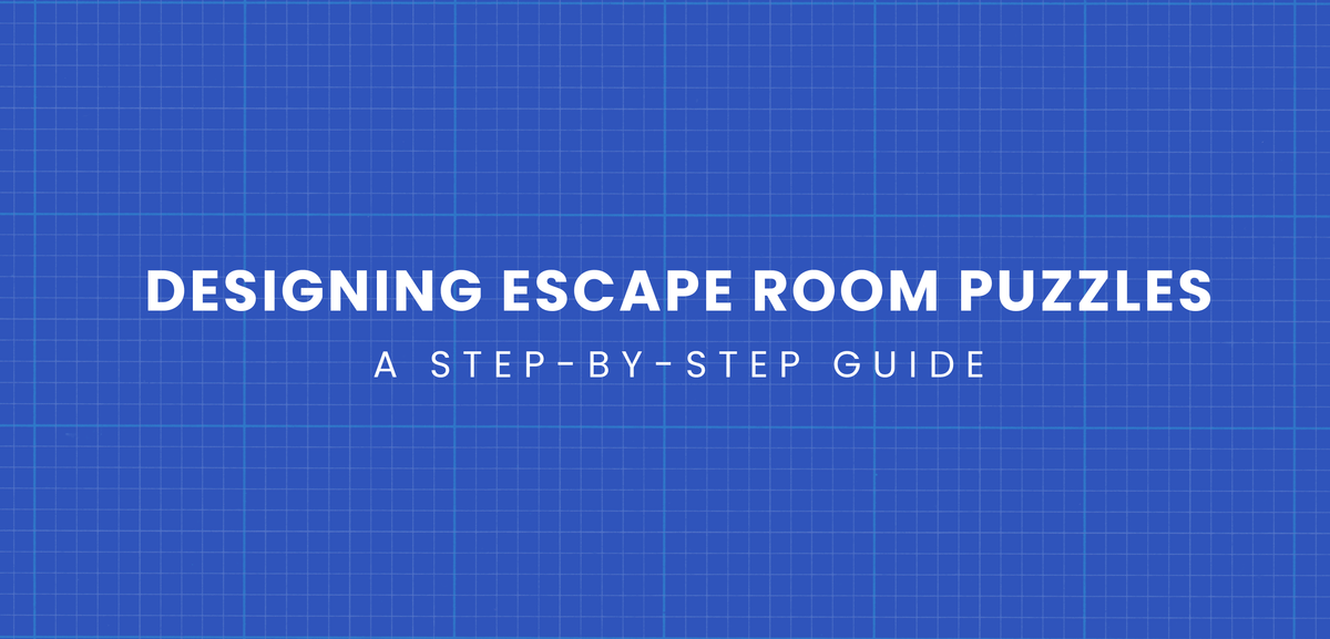 The cover image of a blog post about designing escape room puzzles. The white text is on blue background, with squares creating a blueprint grid.