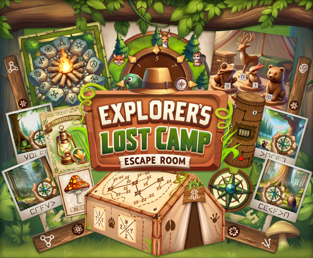 The game cover of Explorers Lost Camp Printable Escape Room Kit, an immersive summer activity for all ages. The game features six escape room puzzles, a 3D tent and many escape room clues. The game is perfect for parties, outdoor activities & more.