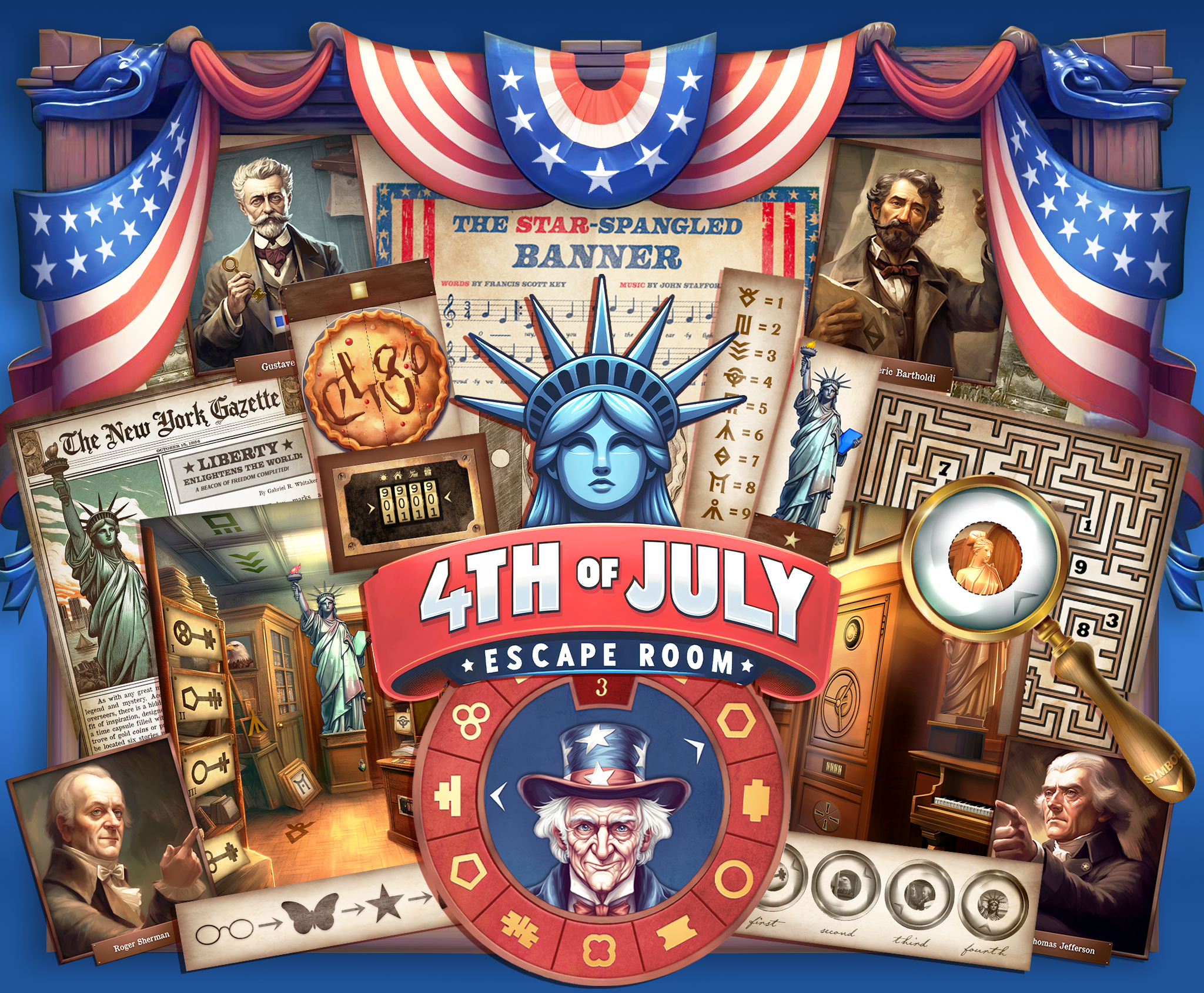 The game cover of an Independence Day Escape Room. The 4th ofJuly DIY Escape Room Kit offers an educational and fun adventure for all ages. Perfect for an Independence Day family game, or4th of July party.