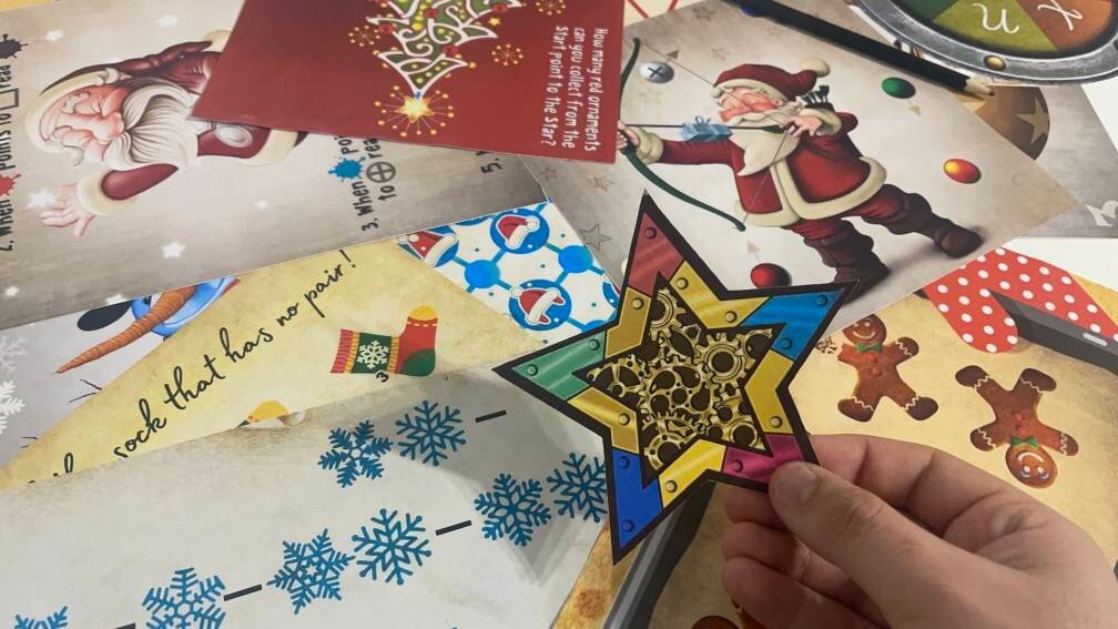 Printable Christmas-themed escape room featuring holiday clues, winter riddles, and festive challenges.