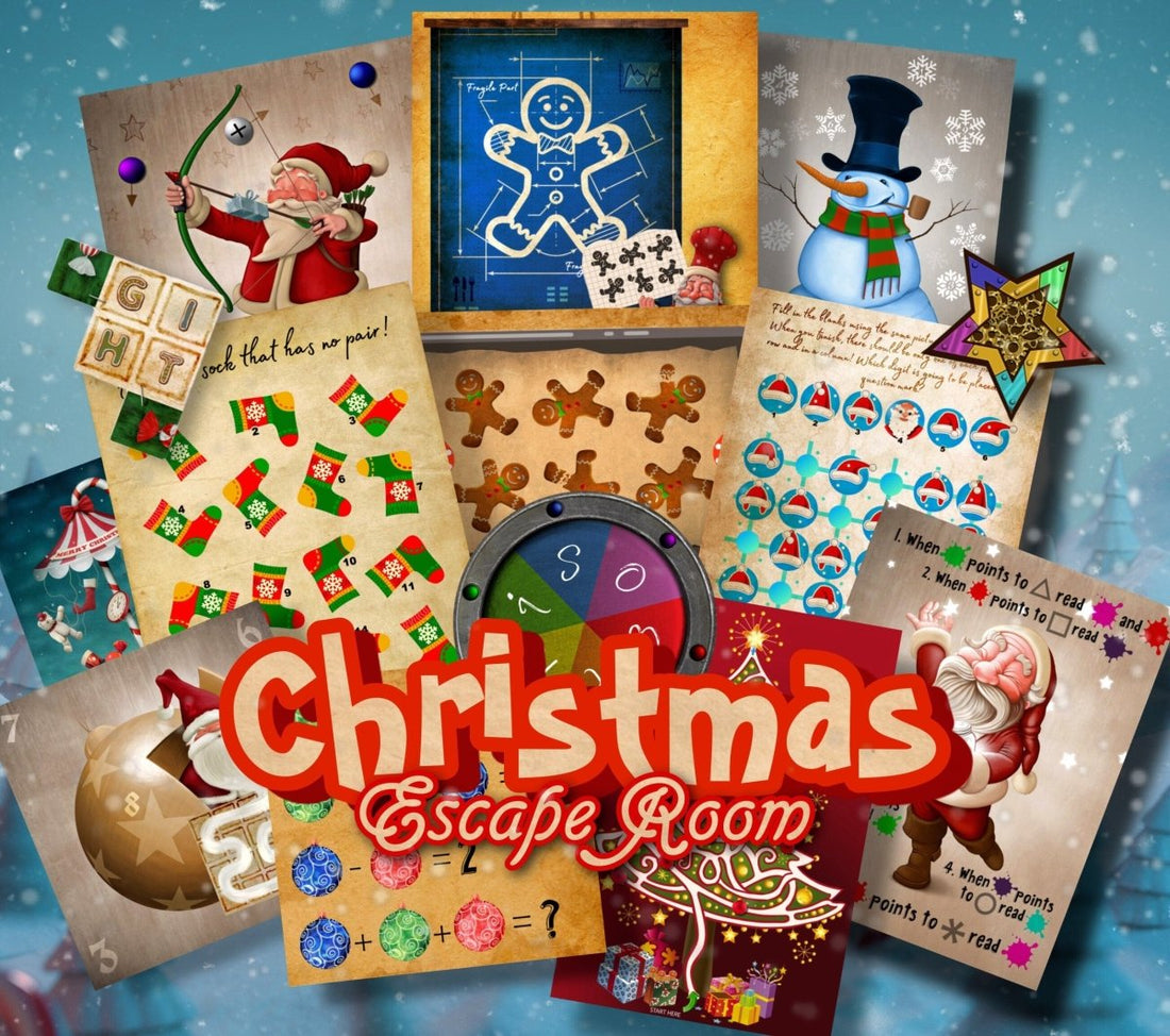 DIY Christmas Escape Room printable pack with festive puzzles and holiday-themed mysteries for family entertainment.