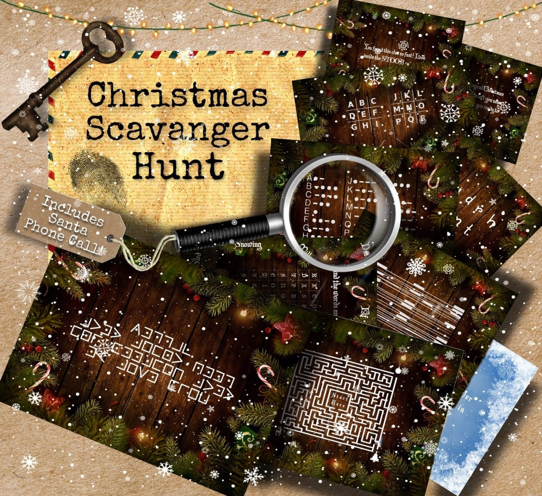 DIY Christmas Scavenger Hunt printable pack featuring festive clues, holiday riddles, and merry treasure-hunting challenges for family fun at home.