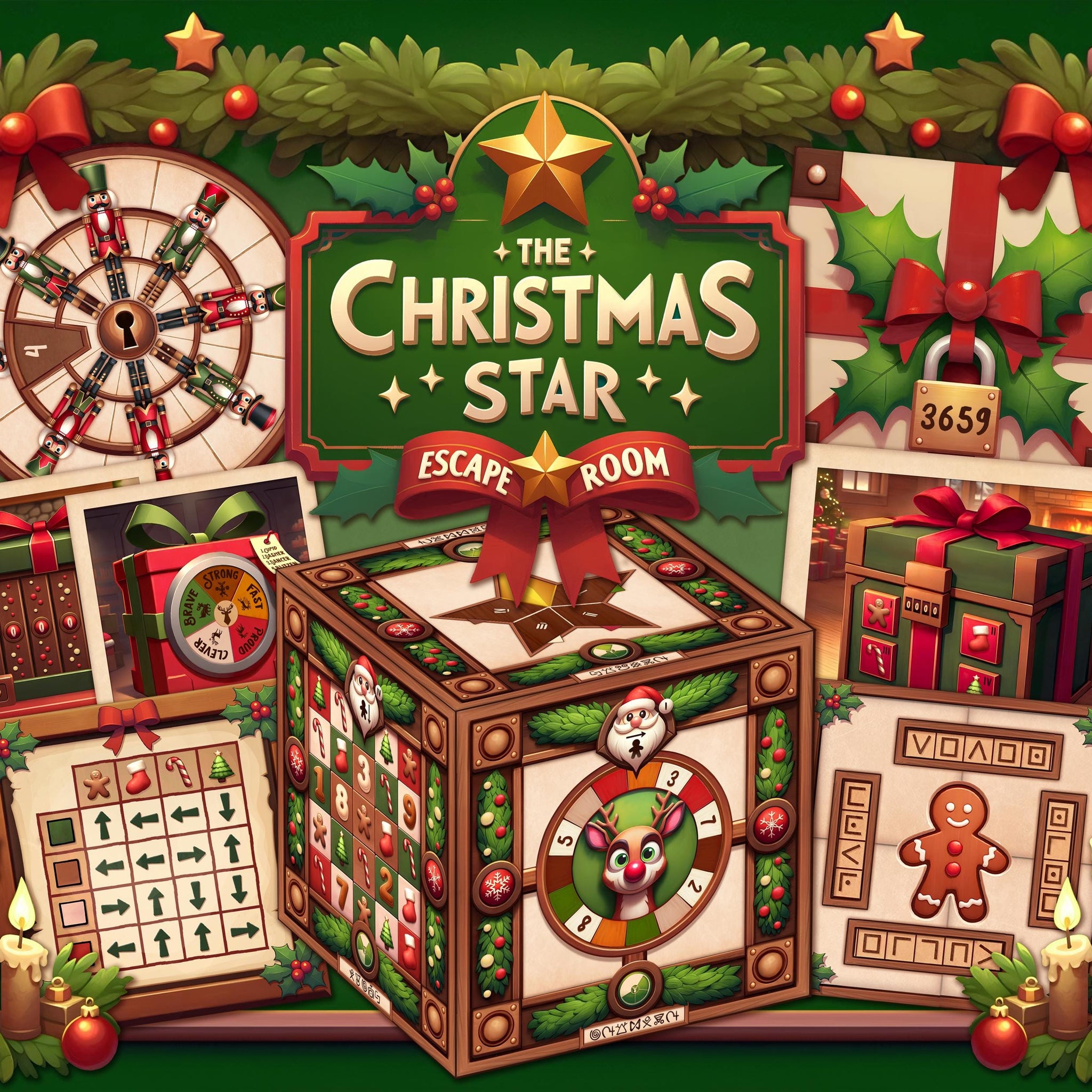 Printable Christmas Escape Room game where players solve puzzles to assemble the Magical Christmas Star. Perfect DIY Escape Room at home for families, kids, and adults during the holidays. Enjoy festive fun and brain-teasing challenges this season!