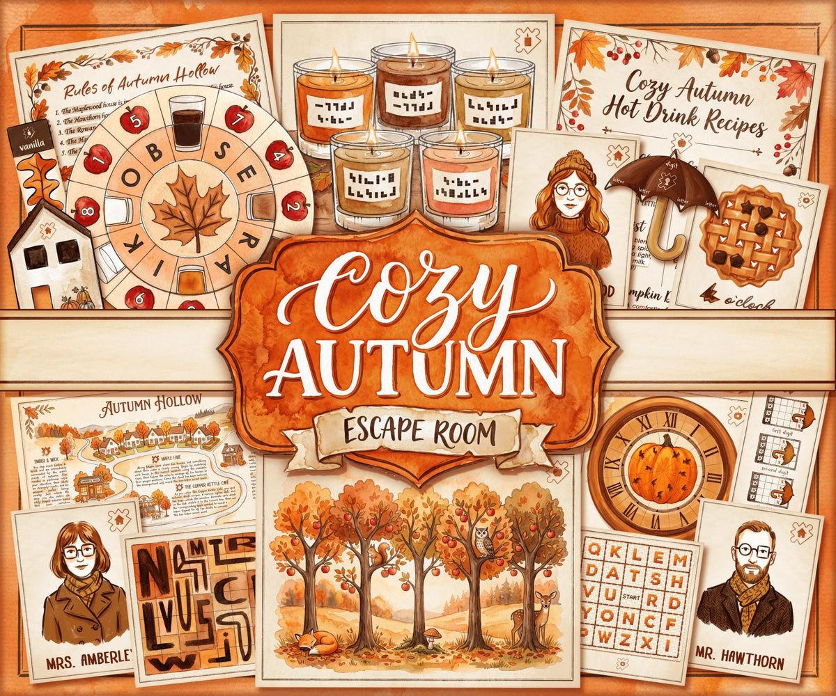 Cover image for Cozy Autumn Escape Room, a printable fall-themed escape room for teens and adults, featuring warm orange artwork, autumn candles, hot drink recipes, a pumpkin clock, character cards, an Autumn Hollow map, word and logic puzzles, and forest illustrations. The cozy DIY escape room combines seasonal mystery, hands-on printable puzzles, and an immersive autumn adventure designed for at-home game nights, couples, families, and puzzle lovers.