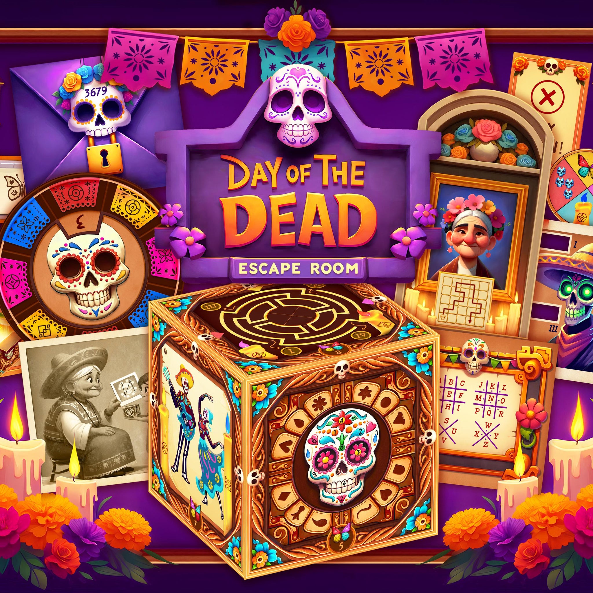 Day of the Dead Escape Room focuses on a 3D paper craft box. The escape room features six immersive escape room puzzles and escape room clues. The perfect Halloween Escape Room!