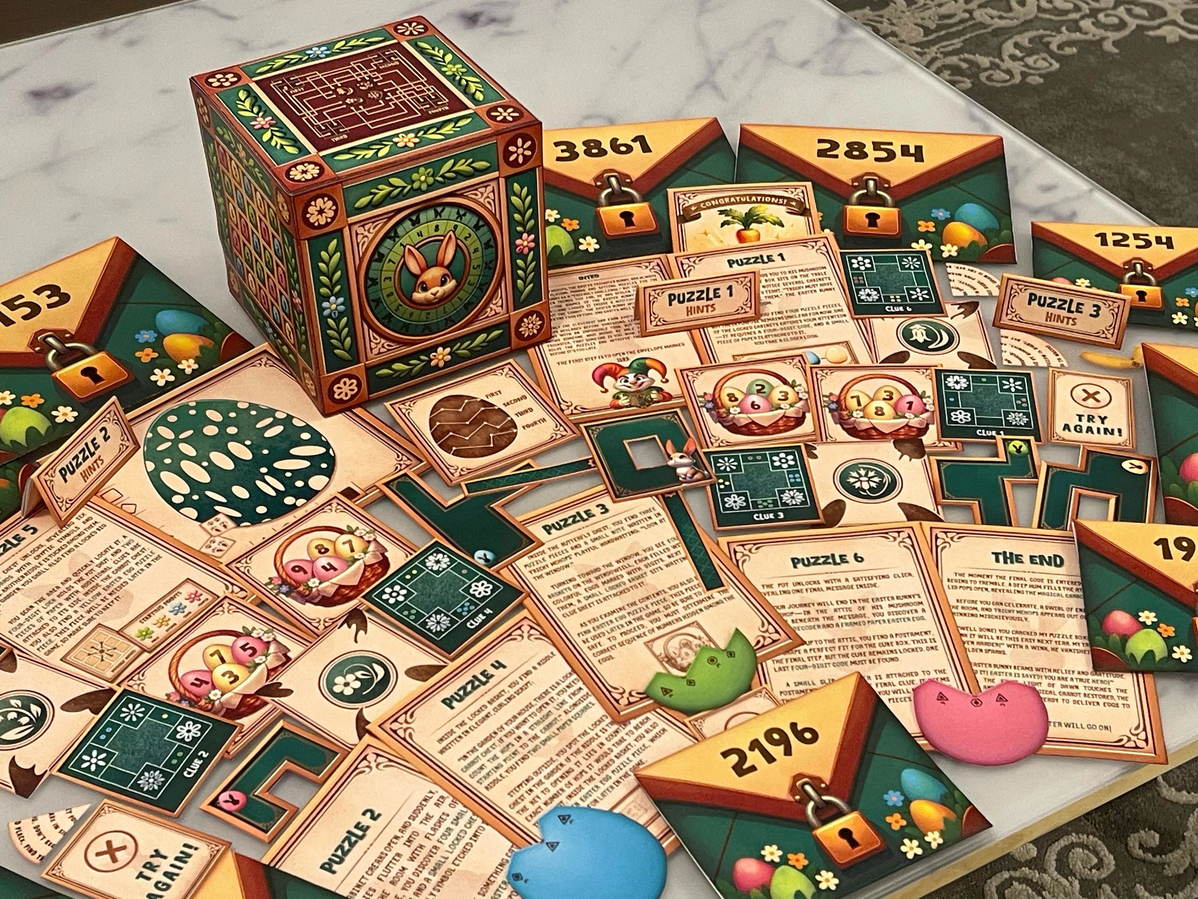 At-home Easter printable escape room with 3D puzzle box, spring-themed mysteries, and holiday-saving challenges