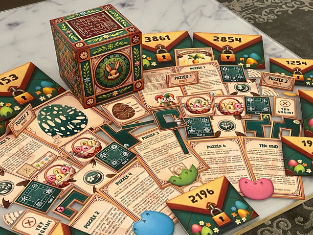 At-home Easter printable escape room with 3D puzzle box, spring-themed mysteries, and holiday-saving challenges