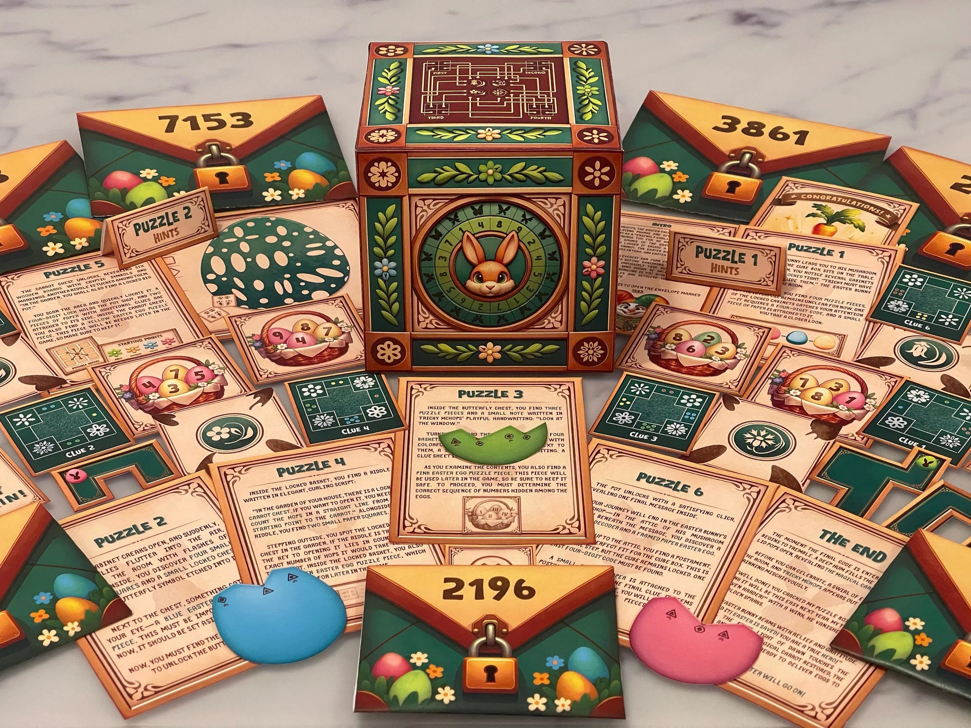 Printable Easter trickster escape room with colorful egg mysteries and magical carrot recovery mission for 1-8 players