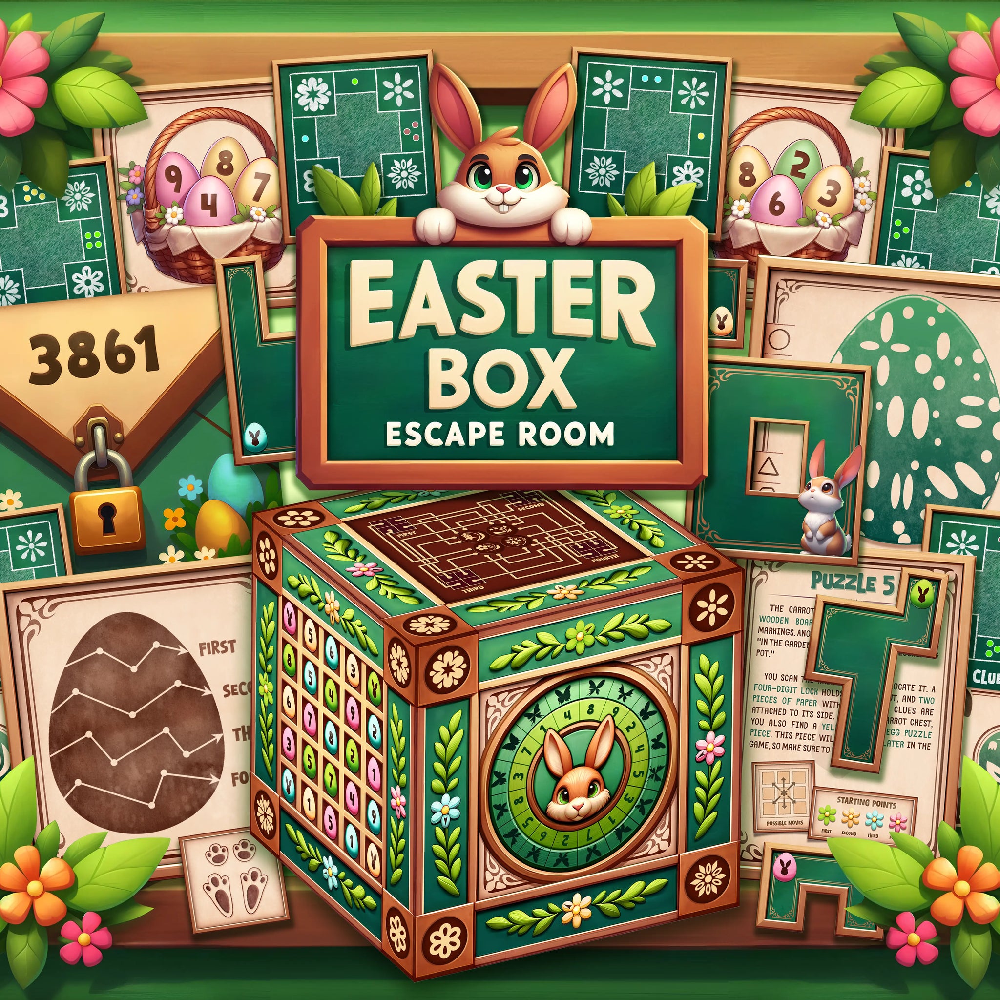 DIY Easter Box Escape Room printable game featuring Tricky McHops the Easter Trickster Bunny and magical carrot recovery mission