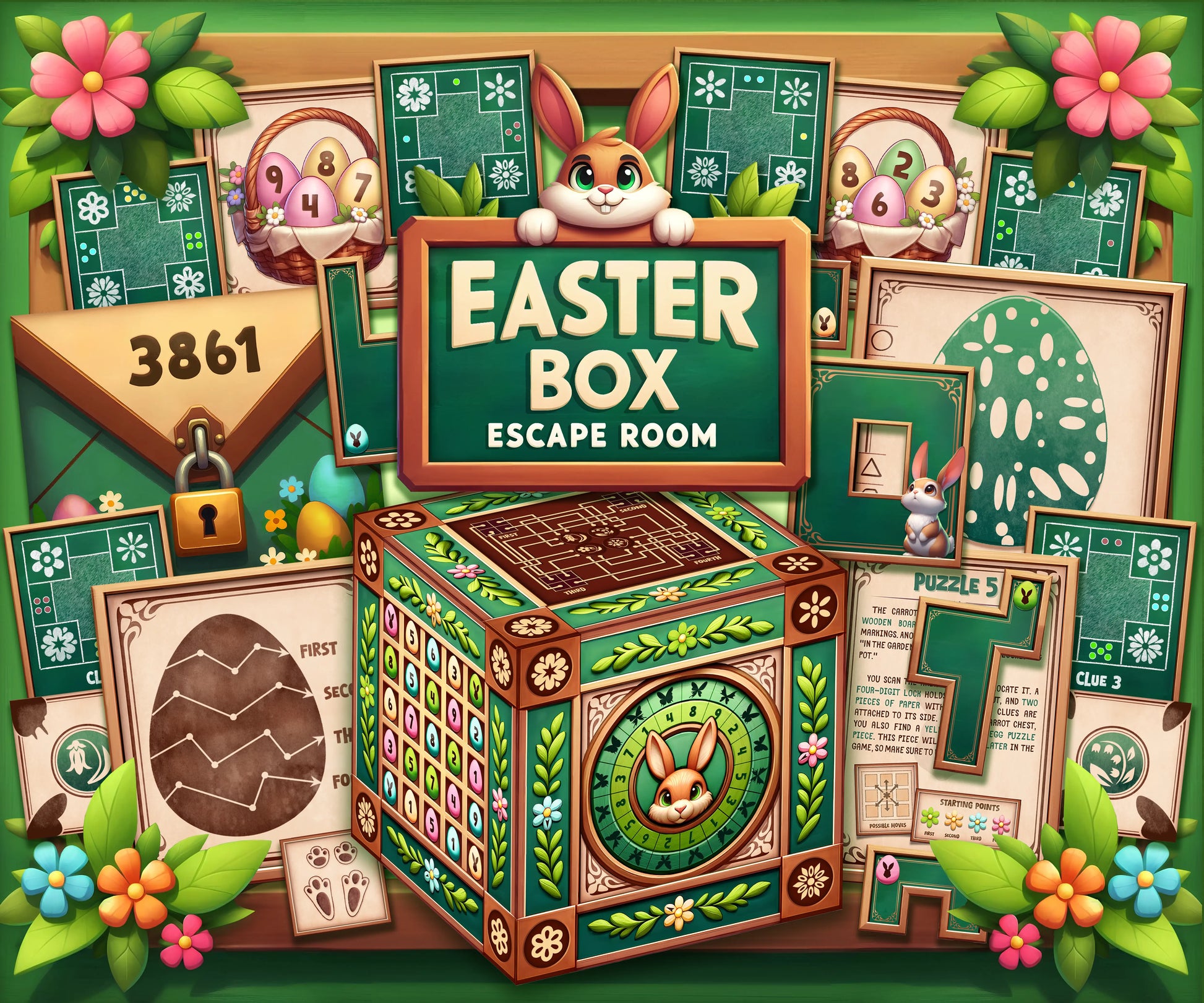 DIY Easter Box Escape Room printable game featuring Tricky McHops the Easter Trickster Bunny and magical carrot recovery mission