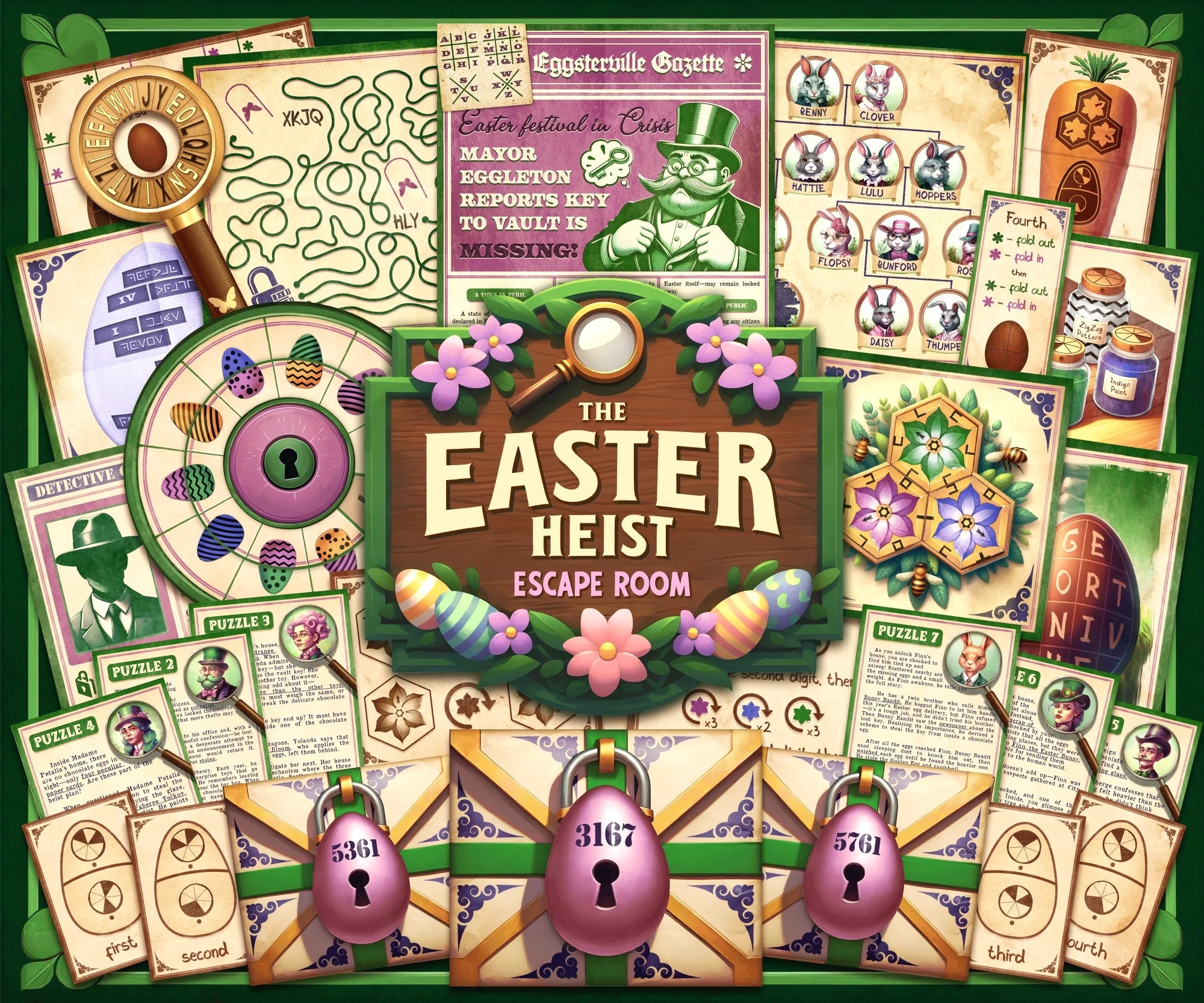 DIY Easter Heist Escape Room printable featuring egg-stealing mysteries and spring-themed puzzles for holiday fun