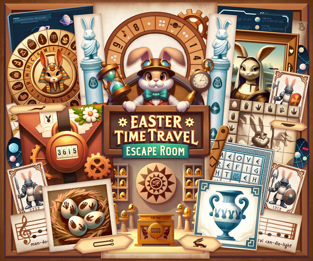 DIY Easter Time Machine Escape Room printable featuring time-traveling holiday puzzles and egg-hunting challenges for home adventures