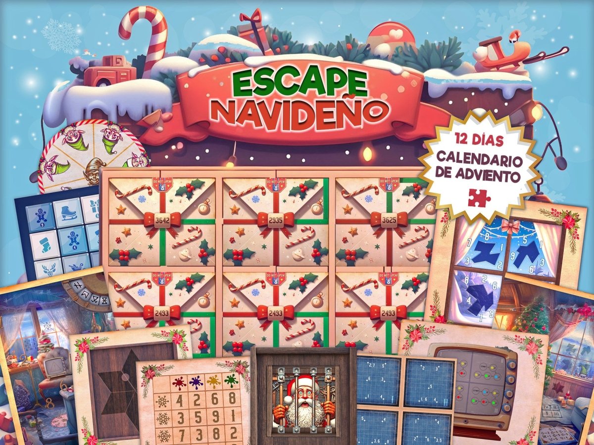 Calendario de Adviento Navideño con Escape Room imprimible - 12 retos y acertijos festivos para toda la familia.