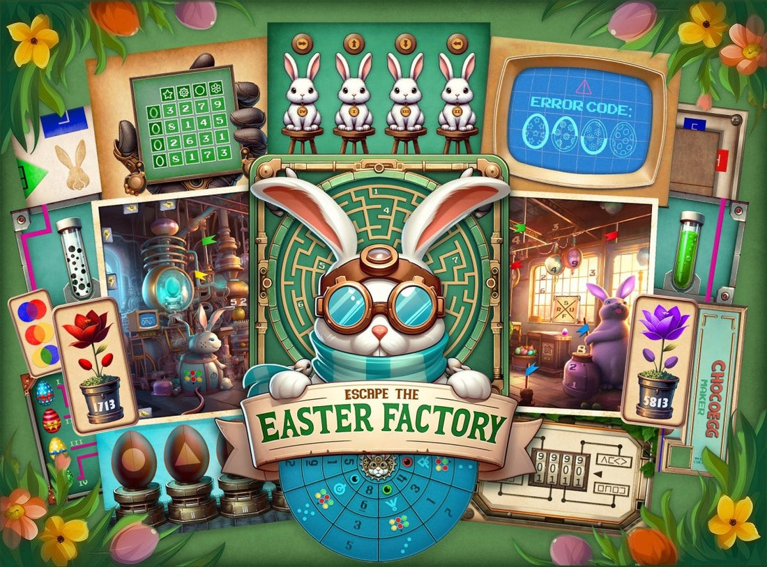 Game cover of an Easter-themed printable escape room that includes a bunny mascot holding the title Escape the EasterFactory. Around it, mazes, cryptic codes, flowers, and chocolate eggs await to be decoded.