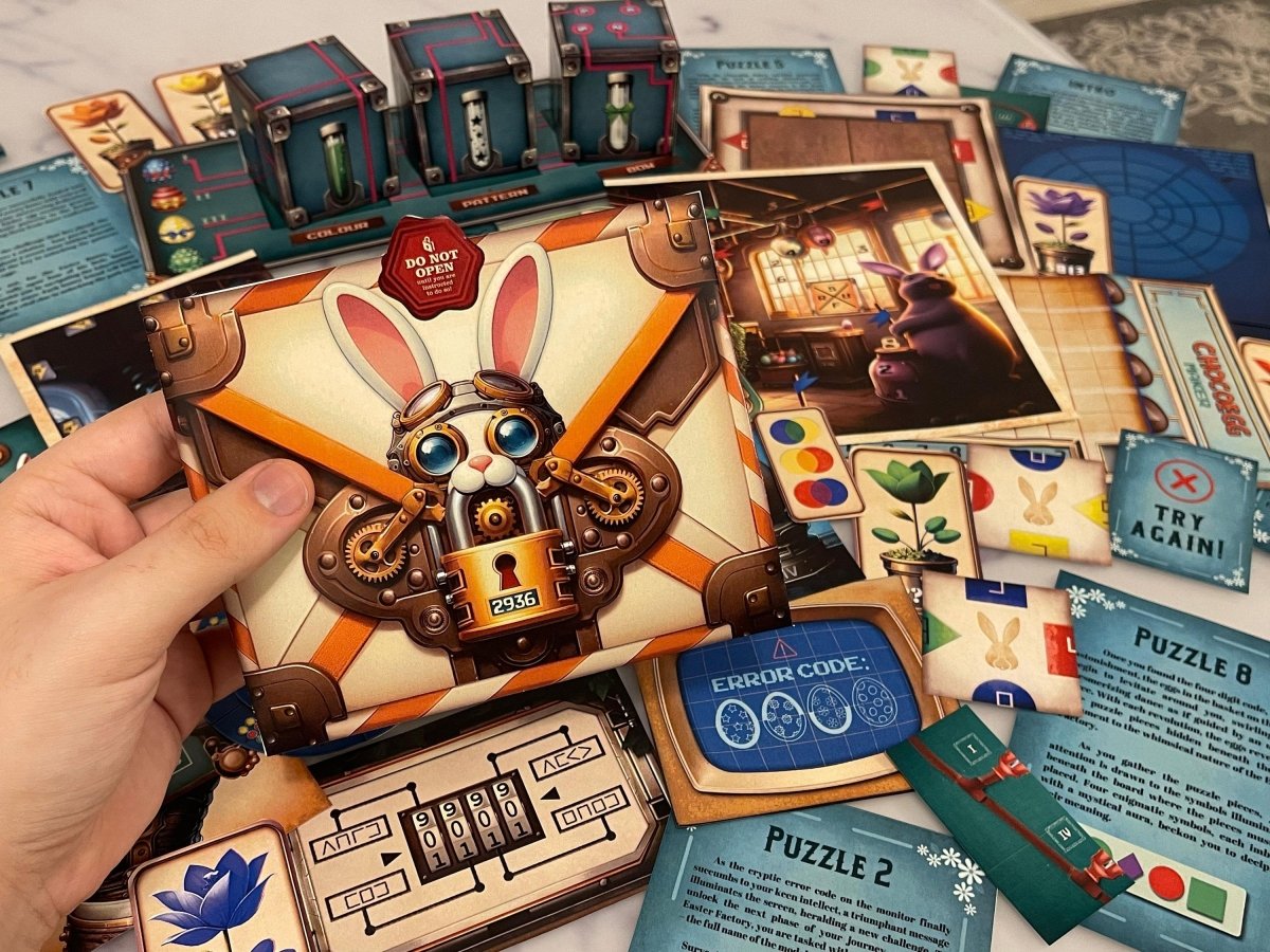 Image of an envelope that holds the game materials of an Easter-themed escape room about a bunny and an Easter factory. Ciphers, codes, mazes, and beautiful illustrations are used to unlock the secrets of the Easter Factory.