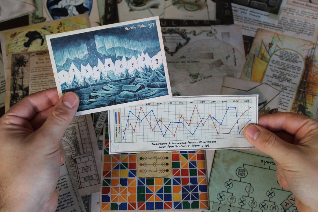 Game cover for Expedition Around the World, a printable escape room for adults, featuring a vintage travel collage of international puzzle pieces, maps, coded symbols, animal illustrations, Arctic and temple clues, a Japanese vase, Moroccan mosaic, and explorer notes. At the center, a rustic title plaque reads “Expedition Around the World Escape Room,” with a locked envelope below, capturing the immersive, story-driven, around-the-world mystery adventure.
