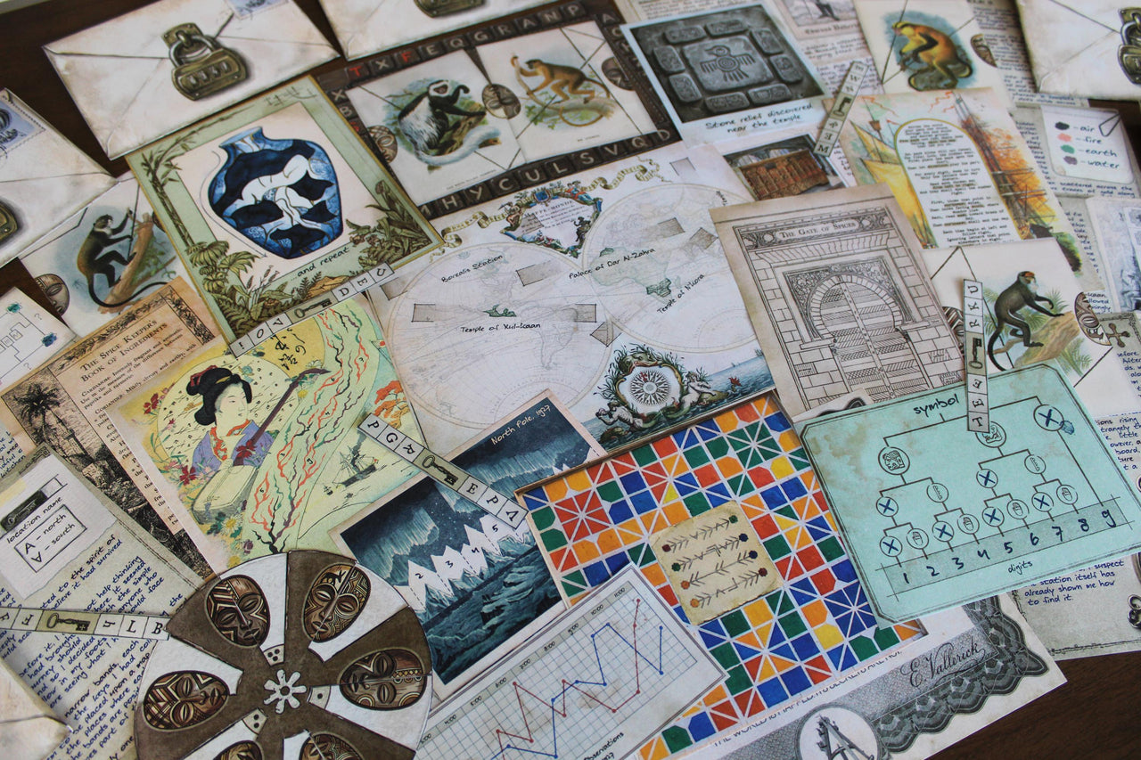 Flat-lay of Expedition Around the World printable escape room for adults, displaying the complete travel-inspired puzzle experience with world map, African wildlife cards and mask cipher, Japanese artwork and kintsugi vase, Moroccan mosaic, North Pole expedition postcard, weather graph, ancient symbols, explorer journals, coded clues, and themed envelopes. This printable mystery game combines geography, exploration, deduction, decoding, hands-on challenges, and story-driven escape room gameplay.