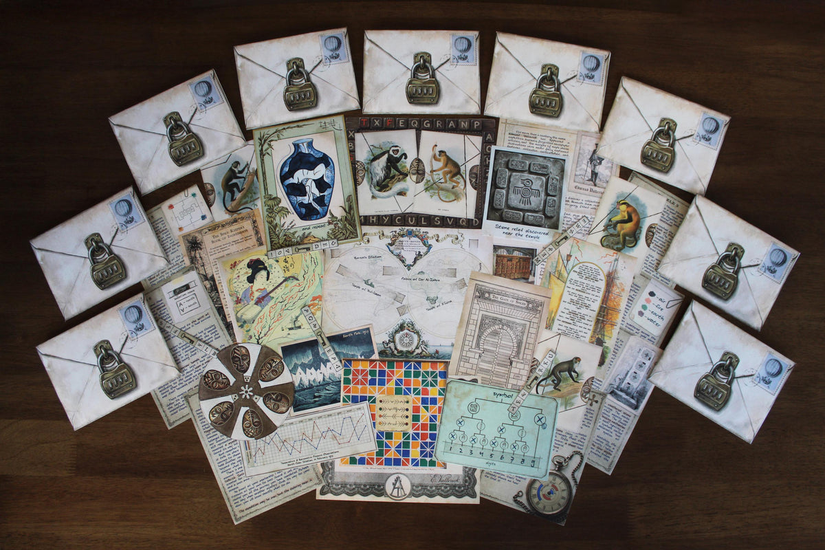 Complete Expedition Around the World printable escape room kit arranged on a wooden table, with coded vintage envelopes surrounding maps, explorer journal pages, African monkey cards and mask cipher, Japanese kintsugi vase, North Pole postcard, weather graph, Moroccan mosaic, Gate of Spices, ancient symbol puzzles, and travel clues. This DIY escape room for adults offers a globe-spanning mystery with paper puzzles, logic, decoding, observation, and immersive screen-free game night entertainment.