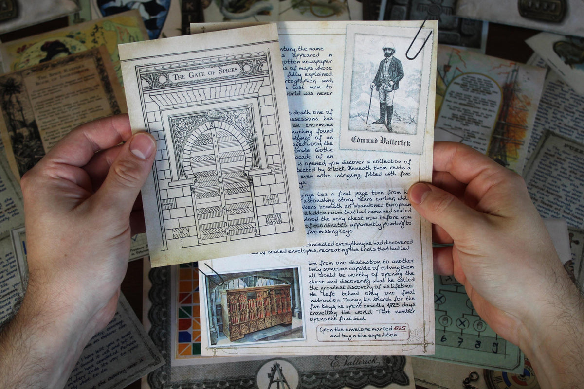 Player holding the introductory expedition documents from Expedition Around the World, a printable escape room for adults. The vintage pages feature explorer Edmund Vallerick, The Gate of Spices, an old photograph, handwritten journal entries, and the beginning of a worldwide treasure hunt. Maps, artifacts, coded diagrams, postcards, and international puzzle materials surround the scene, creating an immersive travel-themed mystery and at-home escape room experience.