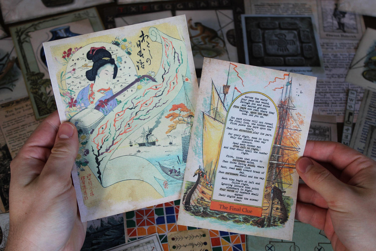 Japanese-themed challenge from Expedition Around the World printable escape room for adults, with a player holding vintage geisha artwork and The Final Clue card illustrated with an old sailing ship. The surrounding game includes maps, ancient symbols, African wildlife cards, Moroccan patterns, expedition journal pages, and coded artifacts. This story-driven DIY escape room combines world travel, cultural themes, hands-on puzzles, deduction, hidden messages, and immersive at-home gameplay.