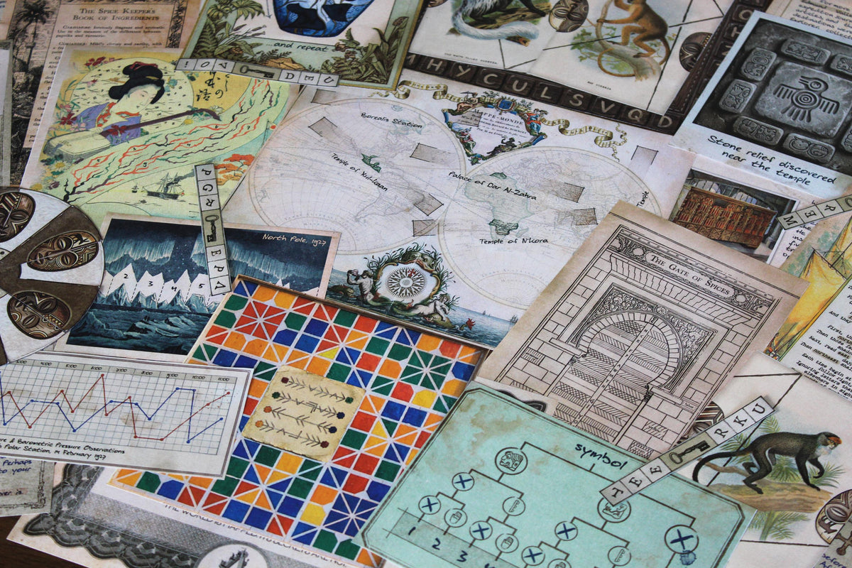 Detailed collection of puzzle materials from Expedition Around the World, a printable escape room for adults and puzzle lovers. The scene includes a vintage world map, North Pole expedition postcard and graph, Moroccan mosaic, Gate of Spices illustration, Japanese artwork, African mask cipher, Mayan-style symbol diagram, wildlife cards, explorer journal pages, and coded strips. A travel-themed DIY escape room filled with maps, cultural clues, logic puzzles, decoding, and hands-on discovery.