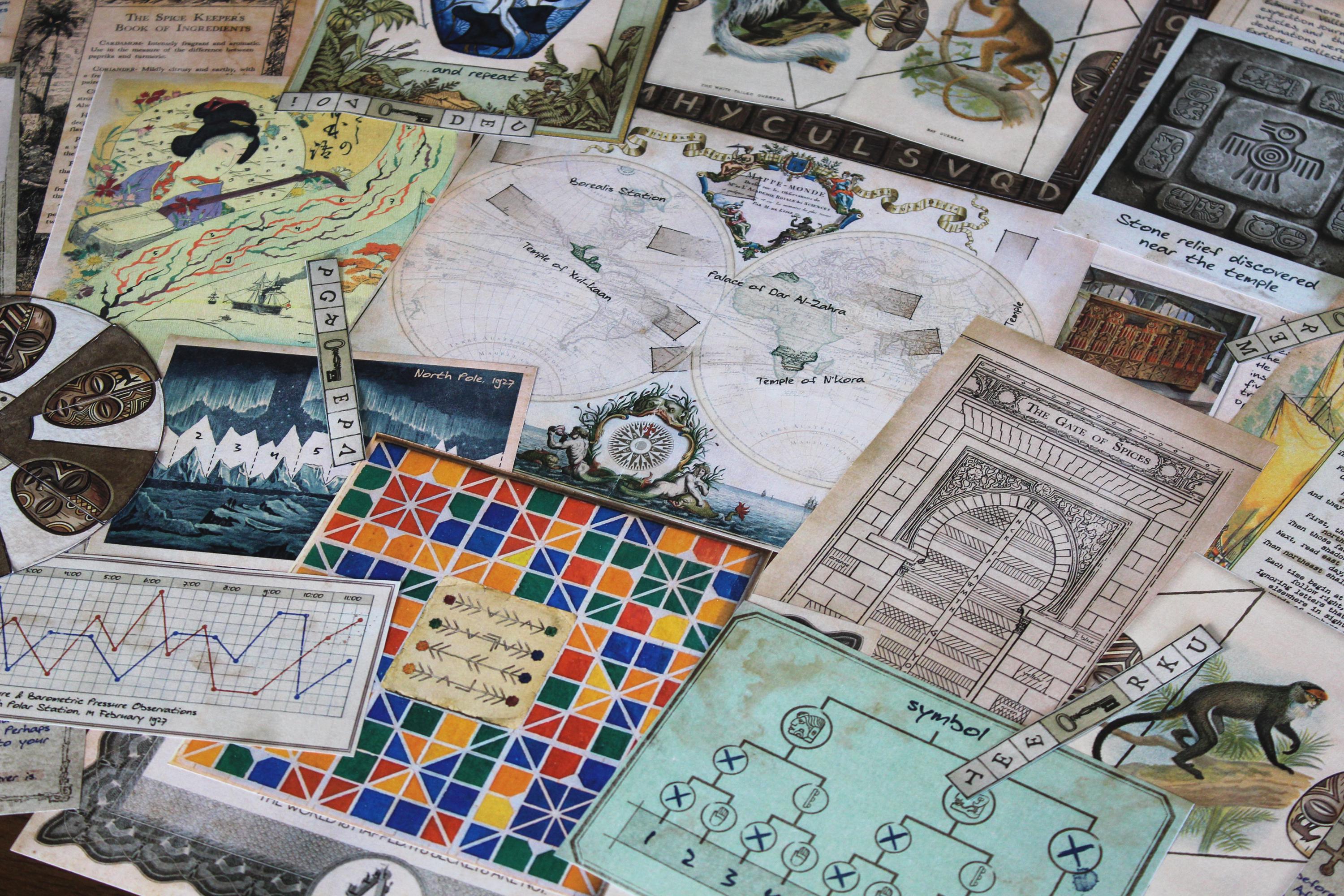 Detailed collection of puzzle materials from Expedition Around the World, a printable escape room for adults and puzzle lovers. The scene includes a vintage world map, North Pole expedition postcard and graph, Moroccan mosaic, Gate of Spices illustration, Japanese artwork, African mask cipher, Mayan-style symbol diagram, wildlife cards, explorer journal pages, and coded strips. A travel-themed DIY escape room filled with maps, cultural clues, logic puzzles, decoding, and hands-on discovery.