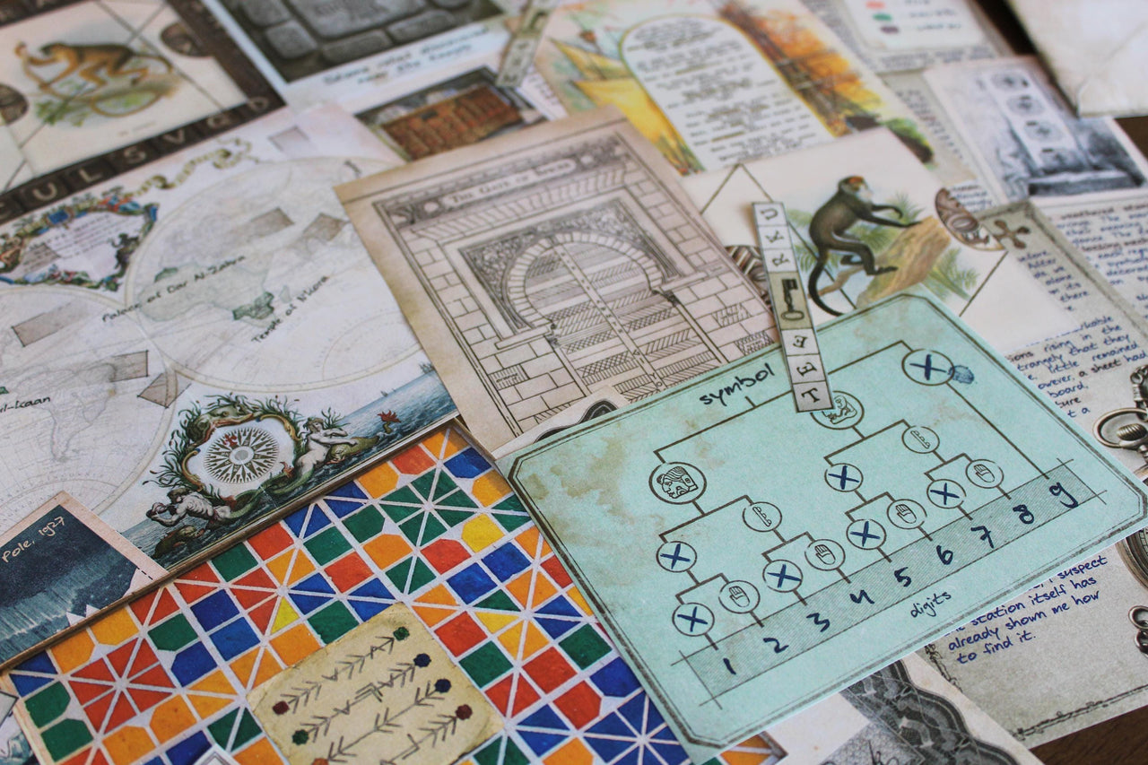 Close-up of Expedition Around the World printable escape room materials featuring an ancient symbol logic diagram, The Gate of Spices illustration, colorful Moroccan mosaic, vintage world map, African monkey card, coded strip, explorer journal pages, and travel artifacts. This adult DIY escape room uses country-inspired challenges, visual deduction, symbolic decoding, maps, pattern recognition, and interactive paper components to create an immersive around-the-world puzzle adventure at home.