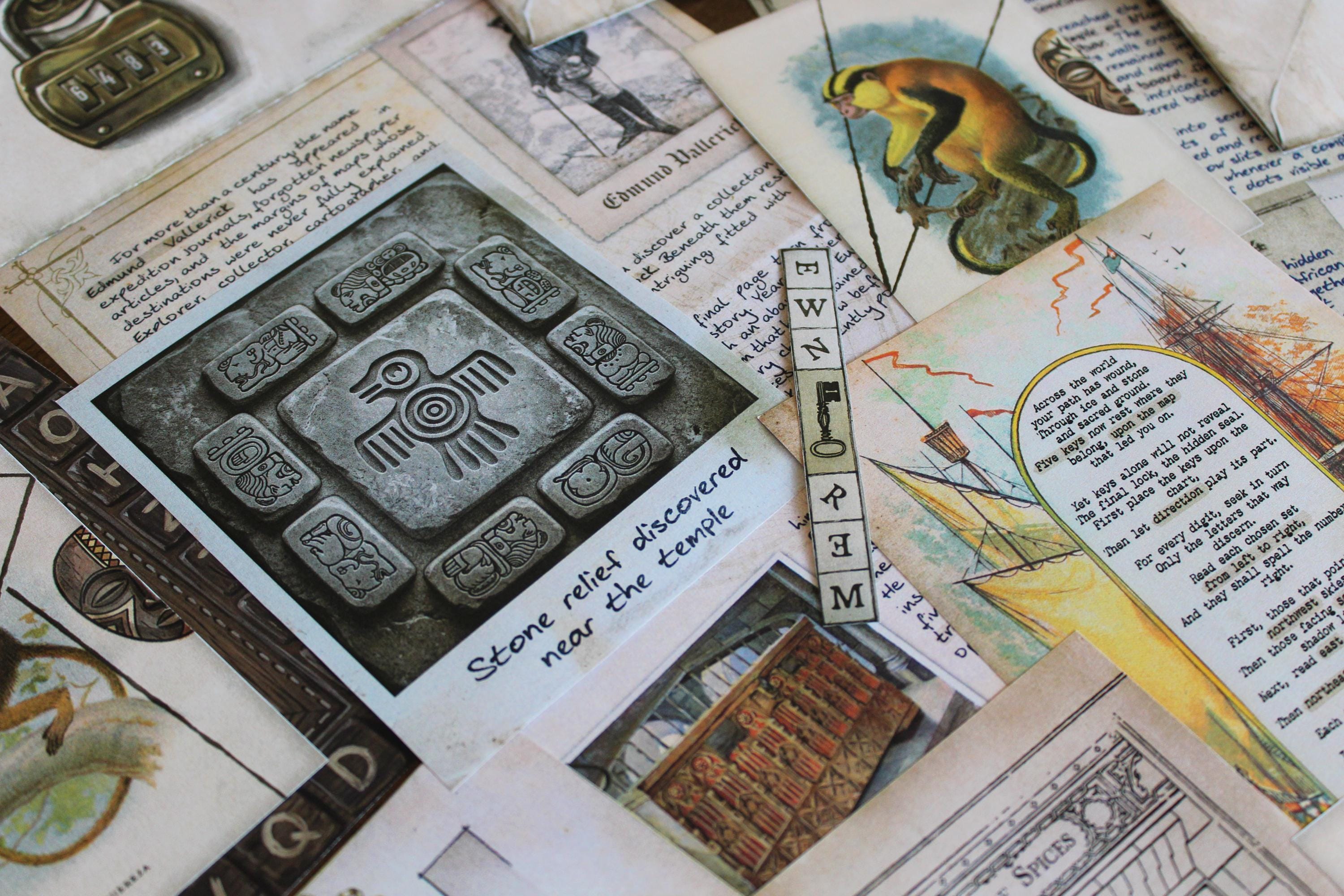 Ancient temple-themed puzzle materials from Expedition Around the World printable escape room, featuring a stone relief with carved symbols, explorer Edmund Vallerick journal pages, African wildlife artwork, coded directional strip, and illustrated Final Clue sailing ship card. Surrounded by maps, masks, envelopes, and archaeological-style documents, this DIY escape room for adults blends exploration, symbols, deduction, hidden codes, history-inspired storytelling, and hands-on puzzle solving.