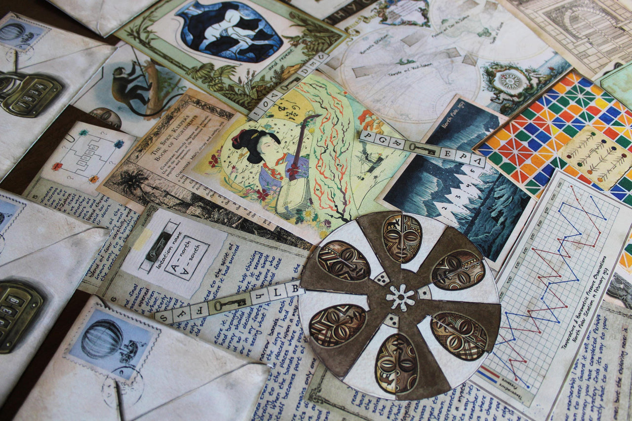 View of Expedition Around the World printable escape room showing a large collection of country-themed puzzles and vintage exploration documents. Visible materials include Japanese artwork and kintsugi vase, African mask cipher wheel, North Pole postcard and weather graph, Moroccan mosaic, world map, Gate of Spices, ancient symbol puzzles, coded strips, and explorer journal pages. An immersive DIY escape room for adults featuring travel, maps, decoding, logic, and interactive paper puzzles.