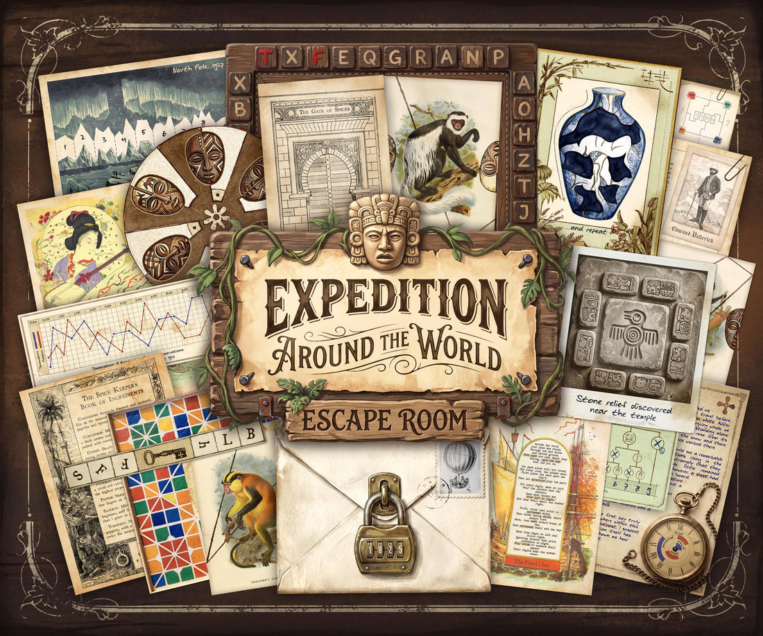 Game cover for Expedition Around the World, a printable escape room for adults, featuring a vintage travel collage of international puzzle pieces, maps, coded symbols, animal illustrations, Arctic and temple clues, a Japanese vase, Moroccan mosaic, and explorer notes. At the center, a rustic title plaque reads “Expedition Around the World Escape Room,” with a locked envelope below, capturing the immersive, story-driven, around-the-world mystery adventure.