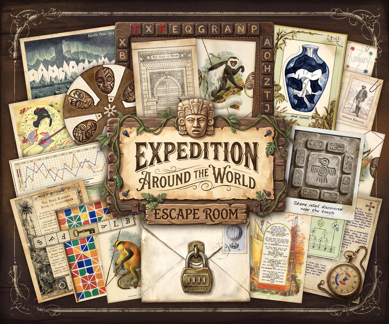 Game cover for Expedition Around the World, a printable escape room for adults, featuring a vintage travel collage of international puzzle pieces, maps, coded symbols, animal illustrations, Arctic and temple clues, a Japanese vase, Moroccan mosaic, and explorer notes. At the center, a rustic title plaque reads “Expedition Around the World Escape Room,” with a locked envelope below, capturing the immersive, story-driven, around-the-world mystery adventure.