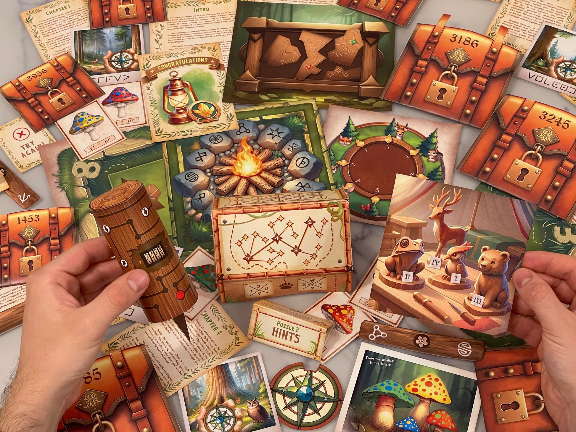 The image features the Escape Room Clues of Explorer's Lost Camp Printable Escape Room Kit. The printable game features six immersive puzzles. In the image, game materials of mushrooms, animals and wood chests fill the table.