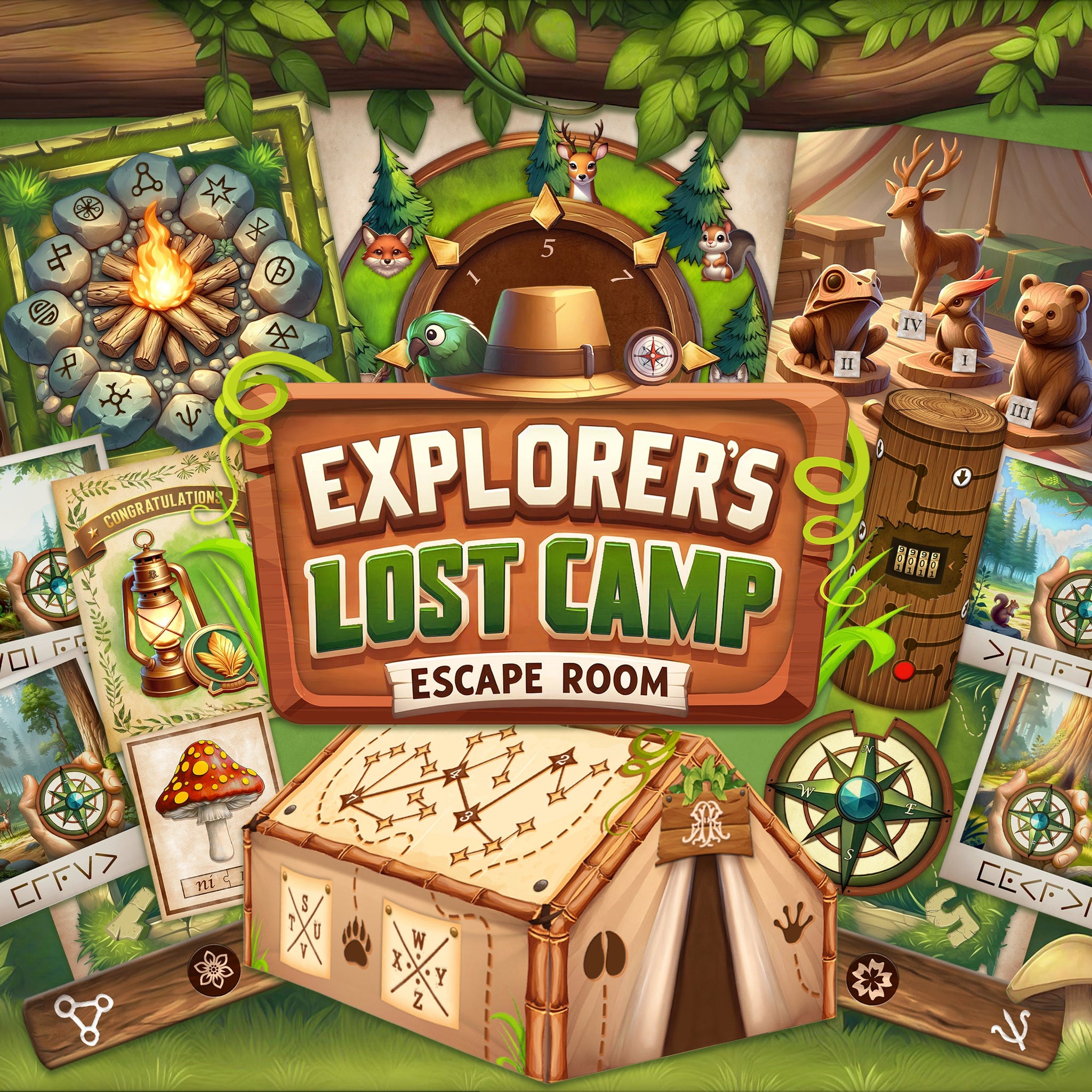 The game cover of Explorers Lost Camp Printable Escape Room Kit, an immersive summer activity for all ages. The game features six escape room puzzles, a 3D tent and many escape room clues. The game is perfect for parties, outdoor activities & more.