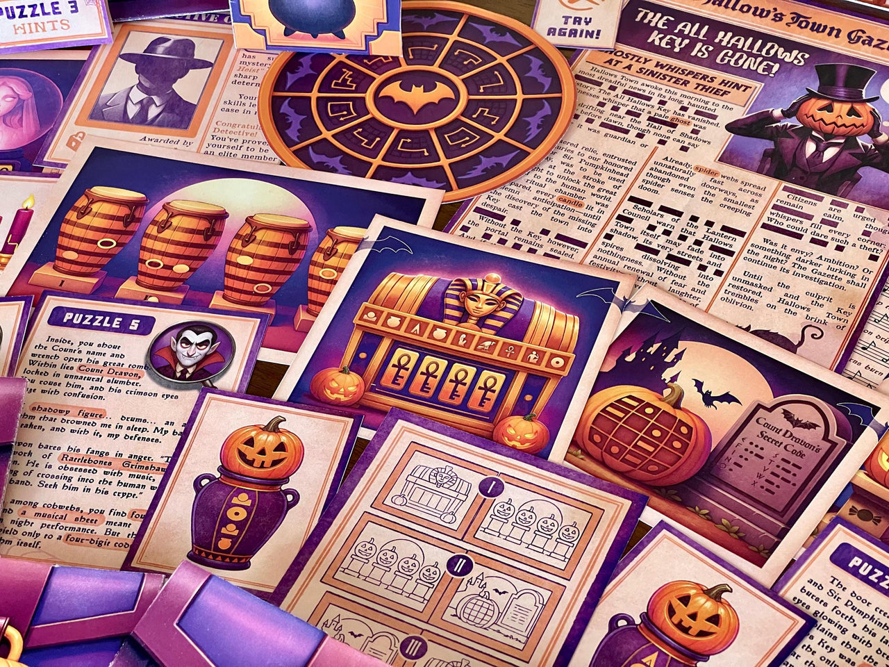 Puzzle sheets from Halloween Heist escape room printable. Includes pumpkin lock puzzle, keys, codes, and clues. Fun DIY mystery adventure for Halloween parties or family game night. Designed for 2–6 players, ages 8+, about one hour of gameplay.