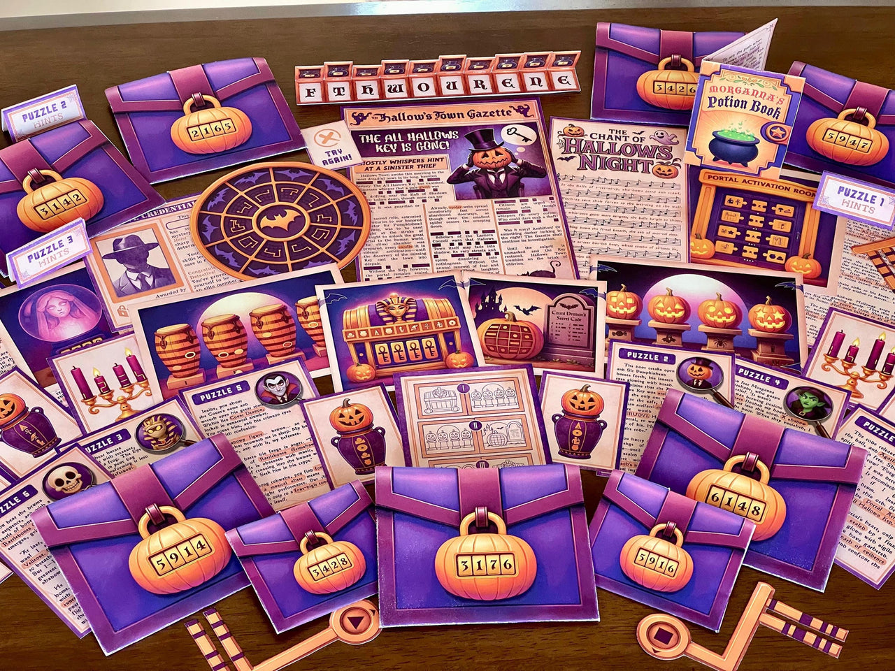 Halloween Heist escape room for teens and families. Detective adventure story with pumpkins, vampires, witches, skeletons, and ghosts. Includes printable clues, puzzles, and story cards. Perfect for parties or classroom events.