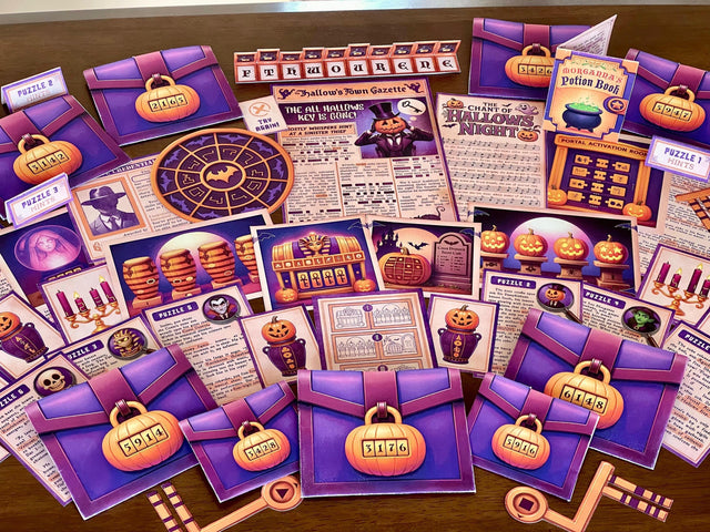 Halloween Heist escape room for teens and families. Detective adventure story with pumpkins, vampires, witches, skeletons, and ghosts. Includes printable clues, puzzles, and story cards. Perfect for parties or classroom events.