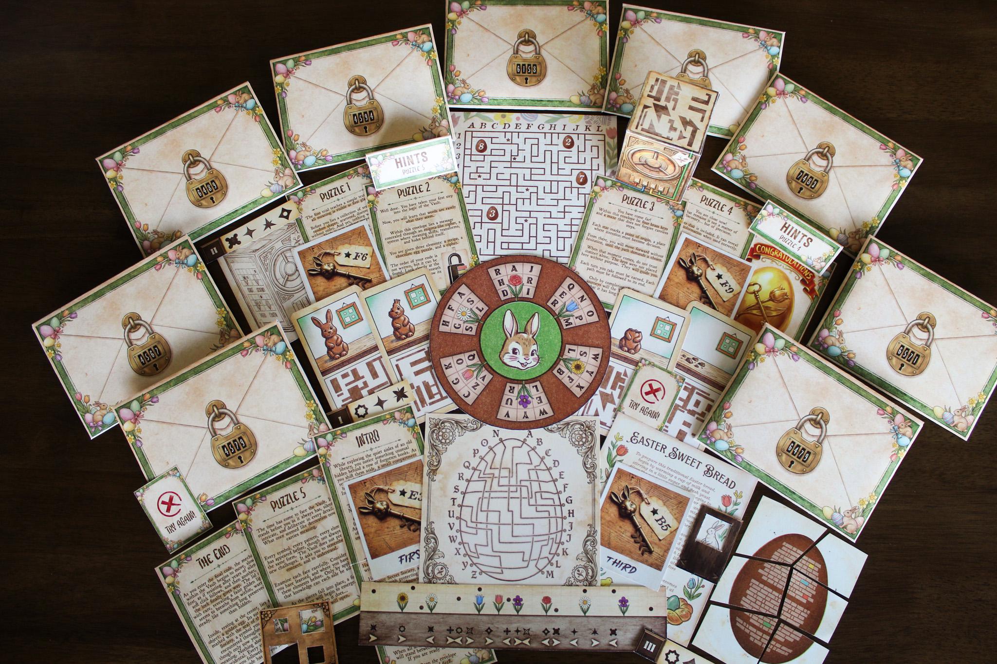 Everything included in The Easter Vault printable escape room: puzzle cards, chocolate bunny decoder, Easter egg cipher pieces, brass key photographs, flower strip, bunny cipher disk, themed envelopes, and hint strips. Complete Easter family game activity, printed on regular paper or cardstock.
