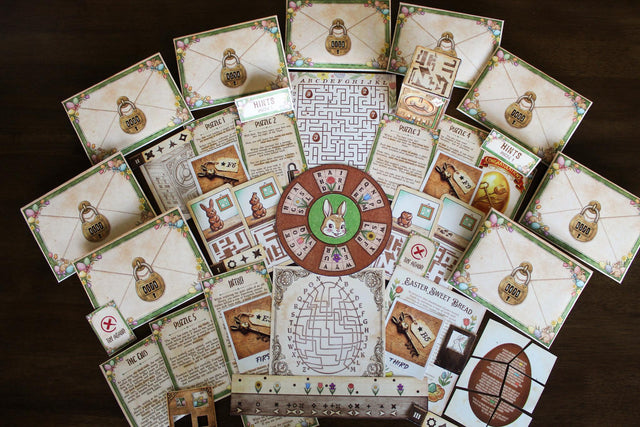 Everything included in The Easter Vault printable escape room: puzzle cards, chocolate bunny decoder, Easter egg cipher pieces, brass key photographs, flower strip, bunny cipher disk, themed envelopes, and hint strips. Complete Easter family game activity, printed on regular paper or cardstock.