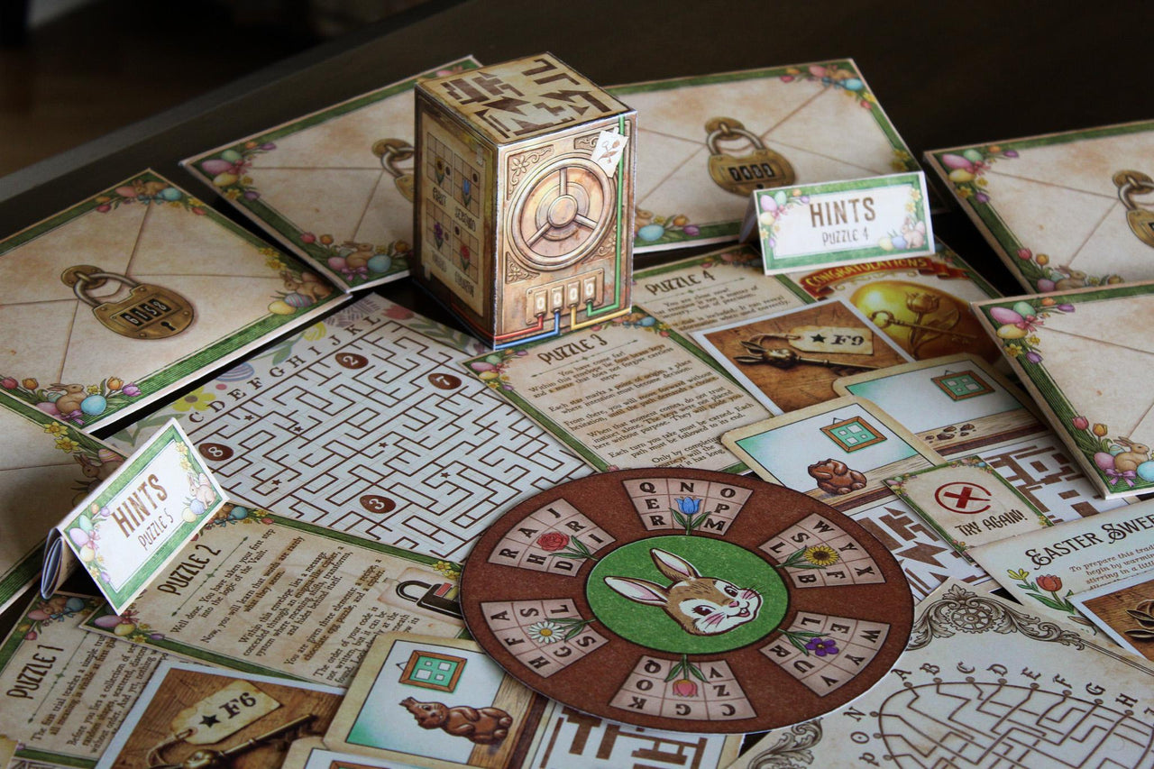 Bunny cipher disk and flower symbol strip from The Easter Vault Easter escape room game. Used in Puzzle 4 to decode secret letters by matching floral symbols with a 3x3 grid dot system. Creative Easter puzzle activity for families and kids. Printable cipher game, instant download.