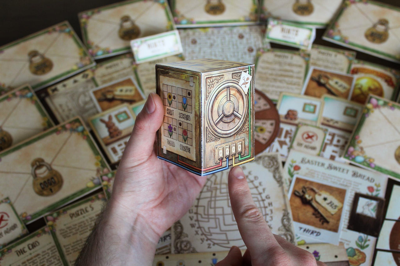 Four brass key photographs and a coordinate maze from The Easter Vault Easter escape room. Each key tag shows maze coordinates (E3, F9, B5, F6) and directional teeth. Players navigate the maze to reach chocolate egg digits. Easter puzzle game for families and kids aged 8 and up.