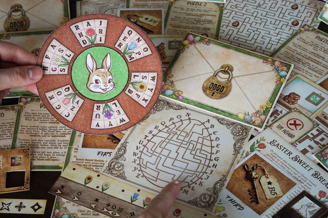 Foldable paper vault model included in The Easter Vault printable Easter escape room. Features four colored wires, combination lock dials, and decorative Easter motifs. Final puzzle centerpiece for the family escape room game. Print and assemble at home for an immersive Easter activity.